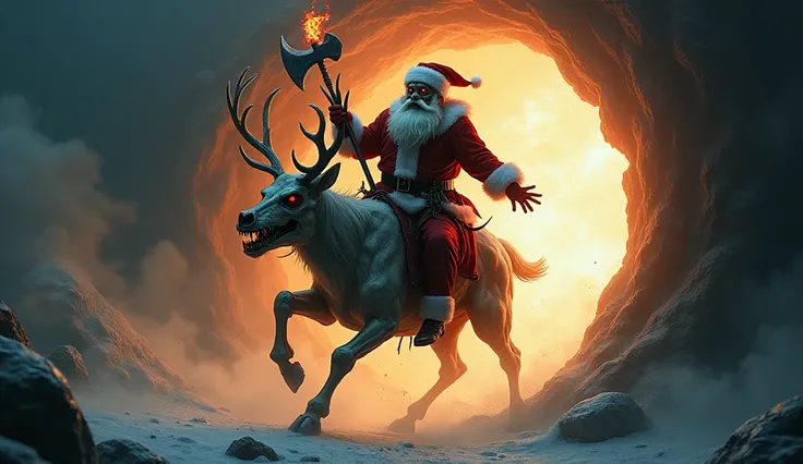 A demonic-looking Santa bursts through a portal riding a skeletal reindeer, wielding a flaming axe.