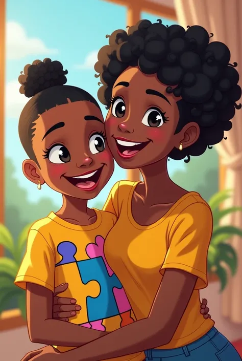 Black teenager with shaved hair on the side, black eyes, wide smile loudly and wearing a t-shirt with colorful autism puzzle with her mother, fat white with black and curly hair in Ia cartoon 