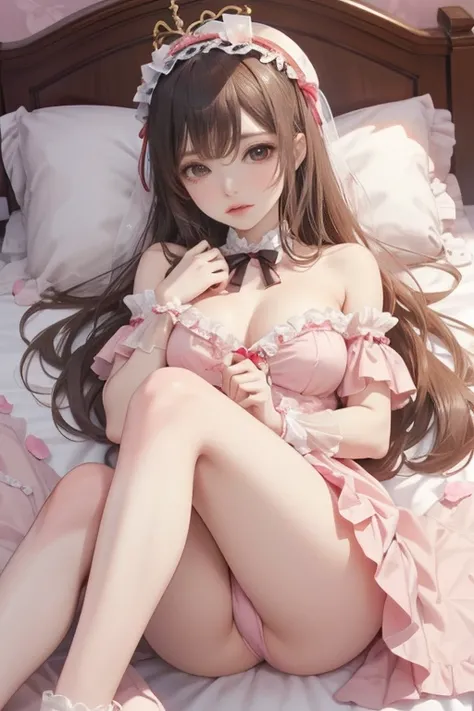  Best Quality, masterpiece,  high-resolution ,   Lolita Style Headdress,  ribbon headband, are spreading their legs、にっこり笑う, 1 girl ,blush,Ancient costume、 negligee,strapless、Veil,long satin gloves,  are spreading their legs、On the bed,Midnight,  textured s...