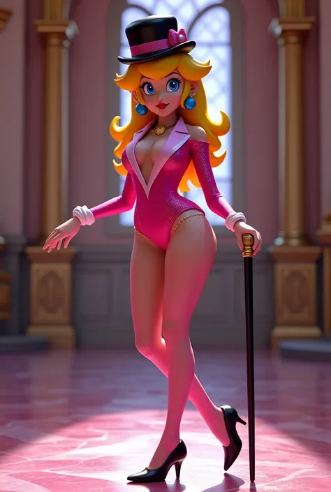 Princess Peach wearing a pink tuxedo leotard, with pink tap shoes, black cane to tap dance with, black pink top hat, while tap dancing sexy, in the style of Super Mario, at Princess Peach’s castle