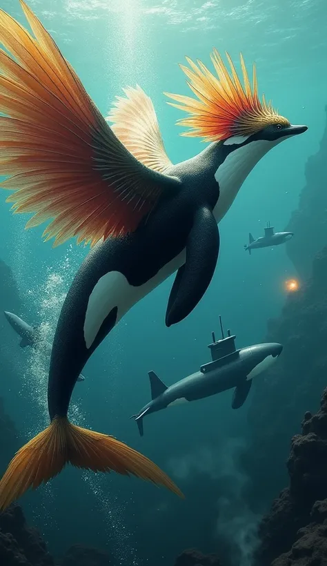 Create an image of a magnificent hybrid creature that blends the sleek, powerful body of an orca whale with the vibrant, ethereal feathers of a bird of paradise (Cendrawasih). The creature should have the streamlined, muscular form of an orca, with a majes...