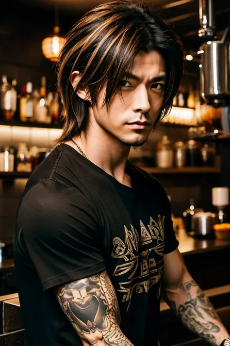 1 Japanese man, Asian eyes, golden eye color, wearing a black mens t-shirt, standing in front of a bar, Visual kei hairstyle, ultra detailed face and eyes, hyperrealistic, realistic representation, shoulder length hair, straight hair, 35 years old, blonde ...