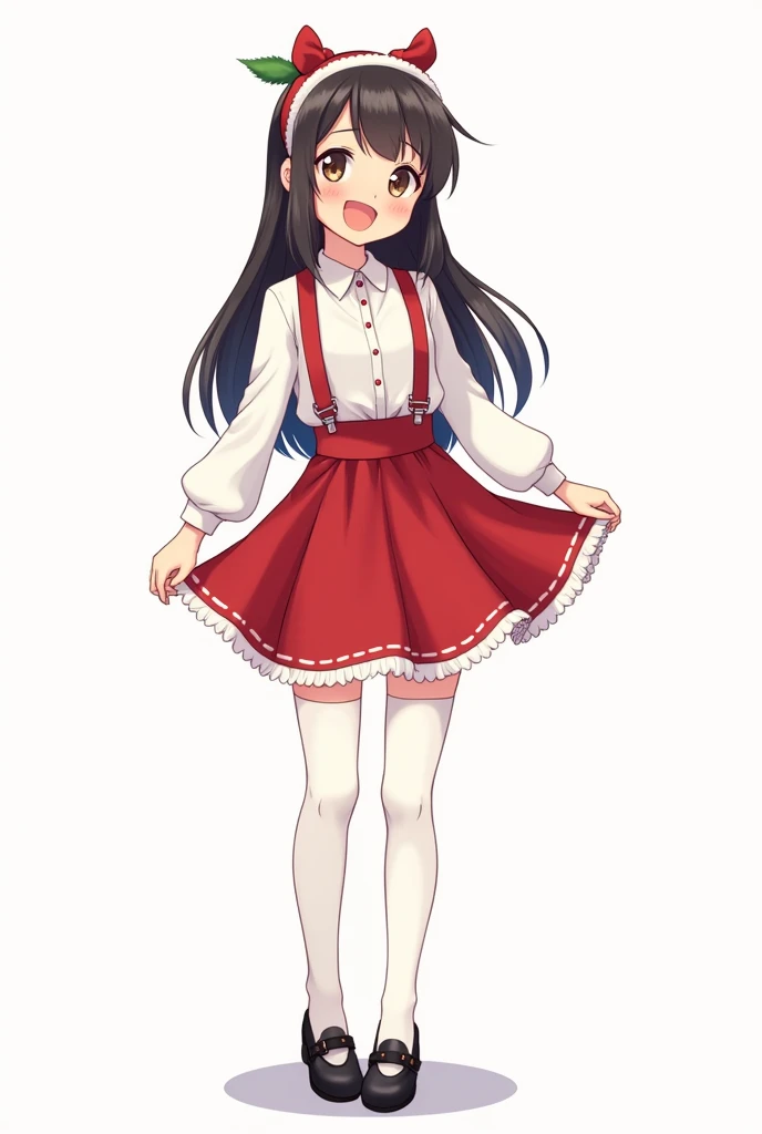 Girl wearing Christmas headband ,  long sleeve white blouse , red skirt with straps , white panty stockings and black shoes animated 