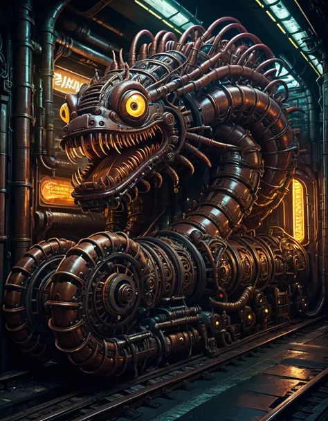 a giant segmented rusty steampunk worm machine worm creature, intricate mechanical details, menacing presence, ruined subway tunnel environment, dark cyberpunk atmosphere, glowing neon lights, dynamic composition, highly detailed, photorealistic, cinematic...