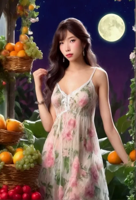 a cute woman, airy sheer dress with flower print, no underwear, bare feet, inspecting flowers and fruits in green house, sultry invitation, moonlit night, detailed eyes, detailed lips, extremely detailed face, long eyelashes, beautiful, highly detailed, ph...