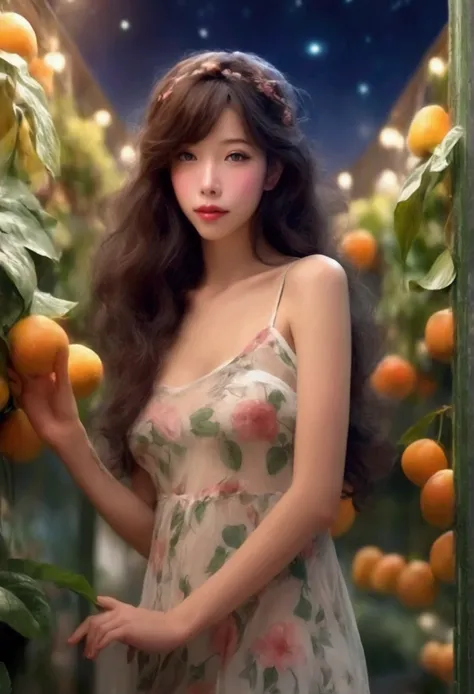 a cute woman, airy sheer dress with flower print, no underwear, bare feet, inspecting flowers and fruits in green house, sultry invitation, moonlit night, detailed eyes, detailed lips, extremely detailed face, long eyelashes, beautiful, highly detailed, ph...