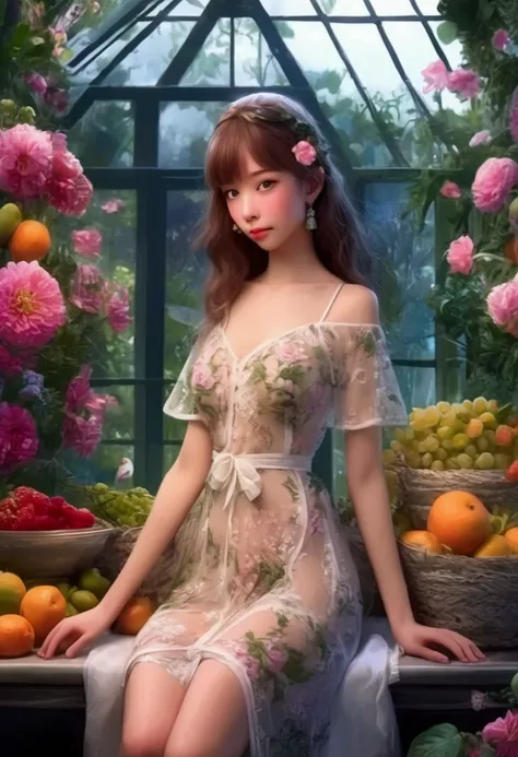 a cute woman, airy sheer dress with flower print, no underwear, bare feet, inspecting flowers and fruits in green house, sultry invitation, moonlit night, detailed eyes, detailed lips, extremely detailed face, long eyelashes, beautiful, highly detailed, ph...