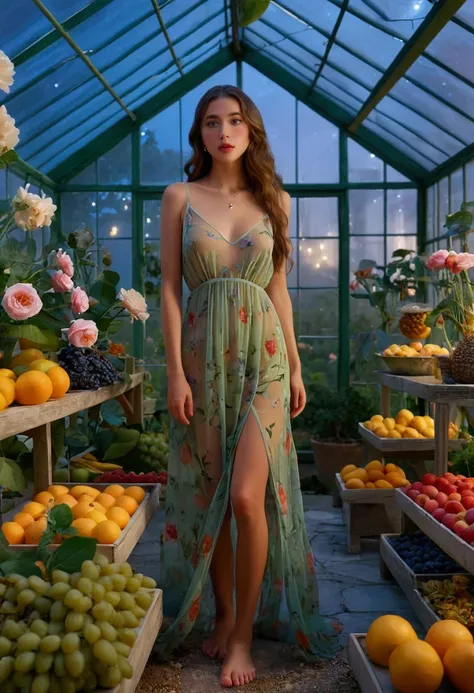 a cute woman, airy sheer dress with flower print, no underwear, bare feet, inspecting flowers and fruits in green house, sultry invitation, moonlit night, detailed eyes, detailed lips, extremely detailed face, long eyelashes, beautiful, highly detailed, ph...