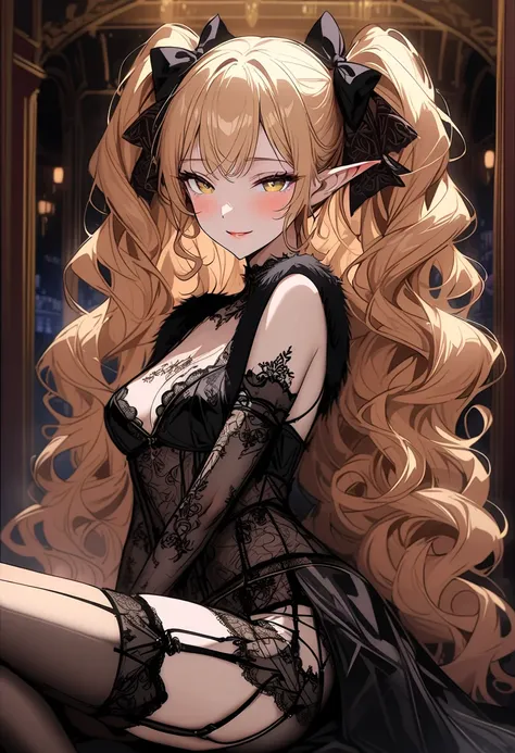 solo focus, female, long curly hair, twintails, cherry blonde, golden skin, golden eyes, elf, long pointed ears, frilly lingerie, opera house mezzanine, night, devoted, hair bow, slight blush, smile, stockings, garter belt, garter, embroidery, elbow gloves...