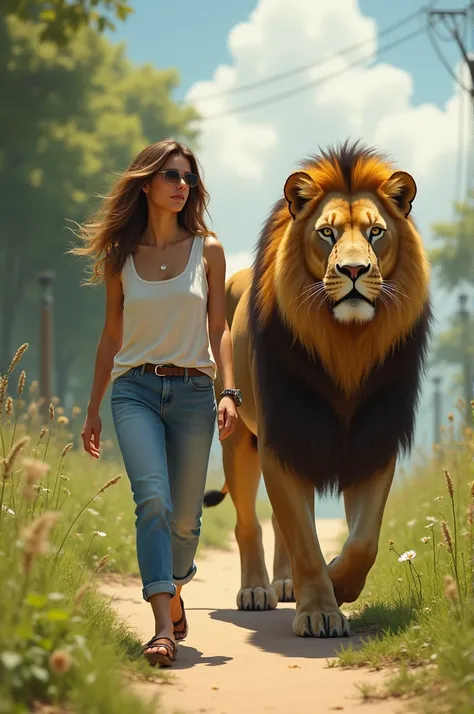 a woman in casual dress walking with a lion 