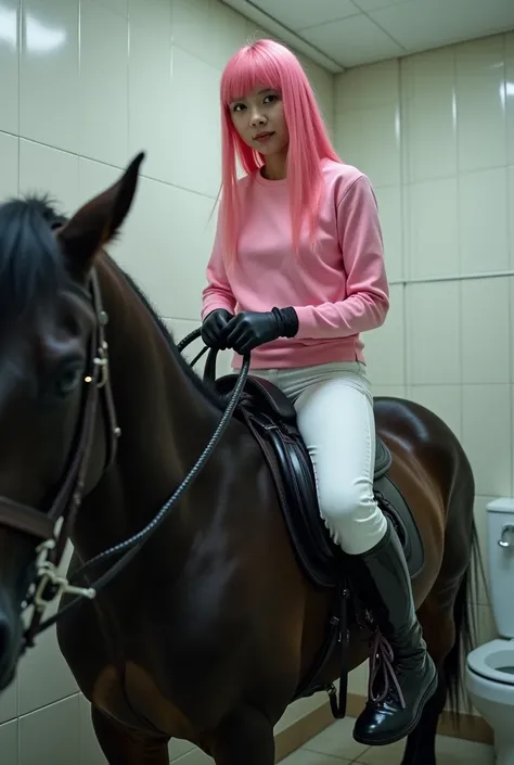 A Japanese woman in her 20s with pink hair、 wearing pink long-sleeved gym clothes and long, white gym pants、Im wearing knee-length shiny black rubber boots、Wearing black rubber gloves and holding a whip in the toilet。Riding on a black horse and looking ahe...