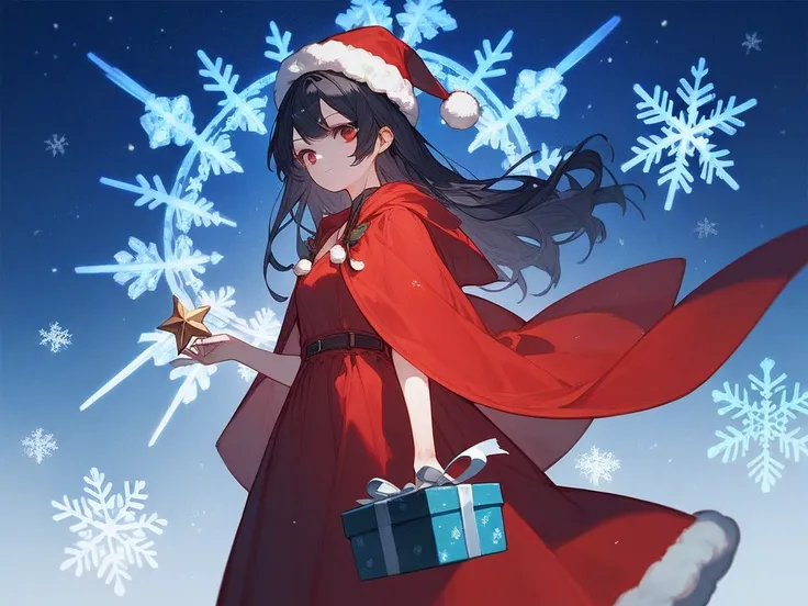 score_9, score_8_up, score_7_up, score_6_up, score_5_up, score_4_up,  source_Anime, (Anime), (Front View),  1 girl, Alone, red eyes,  black hair,  long hair, Wool hat, Red sundress,  red cloak,  holding a star , Holding a gift box,  Christmas theme , snowf...