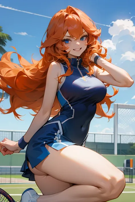 Mereoleona orange hair、grin,bangs,long hair,  Tufts at the whorl,Big Breasts,blue eyes, Thighs、look at me,Anatomically Correct ,she haves fang,Line of sight, tennis wear,she haves tenis racket