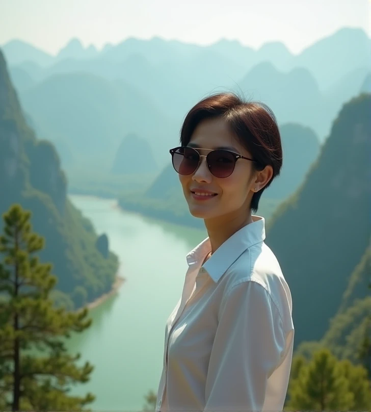 beautiful Asian woman 45 years, short hair, charming face most details hd, thin smile, medium breasts sexy hip , strong and perfect shape, tan skin, wearing sunglasses neat shirt, standing on the nam xai view point loas, looking at viewer, green river, fog...