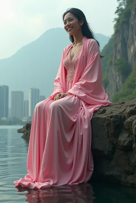 Very realistic high resolution 16k photo, a giant Indonesian woman aged 30 years, very big and tall giant body, wearing a long pink robe, the woman looks smiling sitting on a mountain and her feet dangling in the lake water, city background, the picture wa...