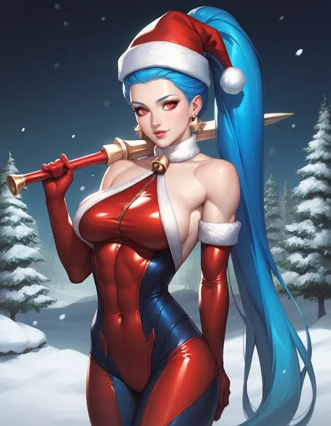 female sleeveless catsuit, bare shoulders, racerback, long gloves, toned arms, beautiful faces, blue ponytail with showing forehead, long ponytail, earrings, soft smooth skin, pale skin, winter city background, red eyes, sci-fi, high contrast, christmas, w...