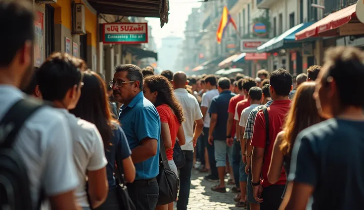  People lining up to change money ( dollars in Colombian pesos )at an exchange office , And it must look like the year 2000 the image must be hyper realistic 