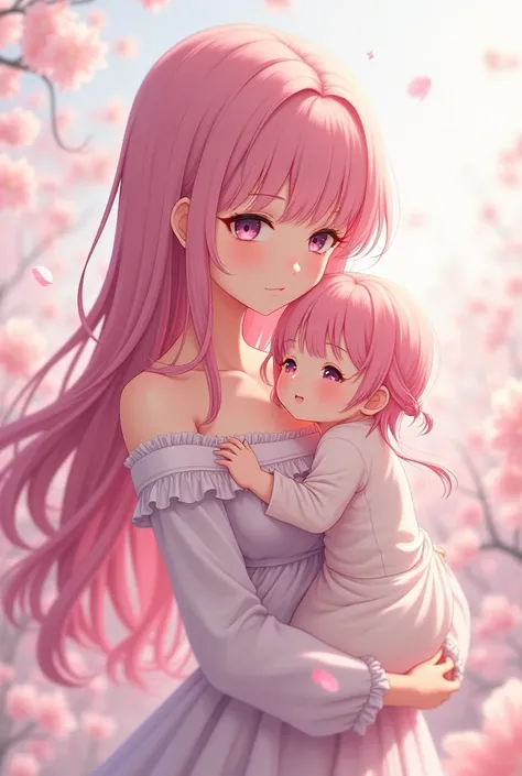 /Imagine female anime A beautiful adult adult with pink hair and with a    , The adult with the  in her arms who is also one. Wallpaper 