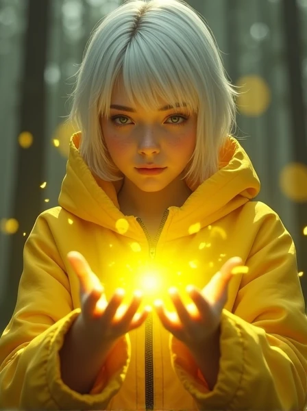 Title "Life Is Strange - YELLOW -"  make a girl in the image with short white hair, Yellow cover and powers , Make the title "Life Is Strange - YELLOW -"