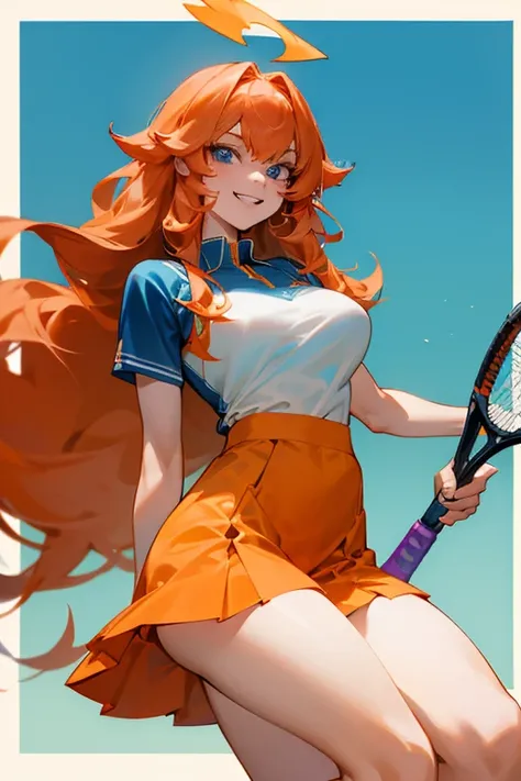 Mereoleona orange hair、grin,bangs,long hair,  Tufts at the whorl,Big Breasts,blue eyes, Thighs、look at me,Anatomically Correct ,she haves fang,Line of sight, tennis wear,she haves tenis racket, underskirt