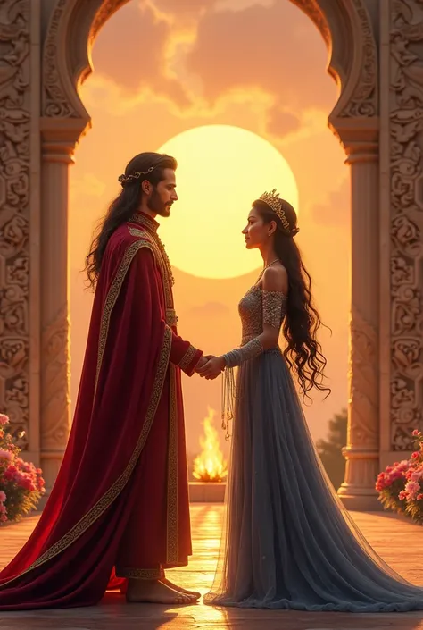 **Scene Description of the Wedding of Manuchehr and Sahi:**

The scene takes place in a grand, open-air courtyard, surrounded by tall, ancient Persian pillars adorned with intricate carvings of mythical creatures. The sky above is a rich orange as the sun ...