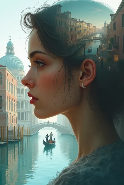 Intricate digital painting of a womans face, her silhouette merging with a detailed cityscape of Venice. The scene features a gondola on tranquil water, reflecting the buildings and sky.  Include detailed architectural elements of Venice,  realistic render...