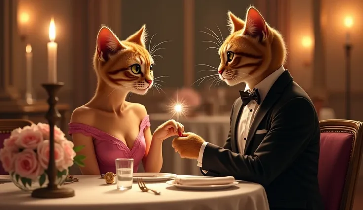  Romantic scene at the restaurant :  A brown cat with an elegant figure , like the model,  in a velvet pink dress sits at a beautifully served table .  Her eyes express surprise and awe ,  when her beloved brown cat in a formal black suit gets on one knee ...