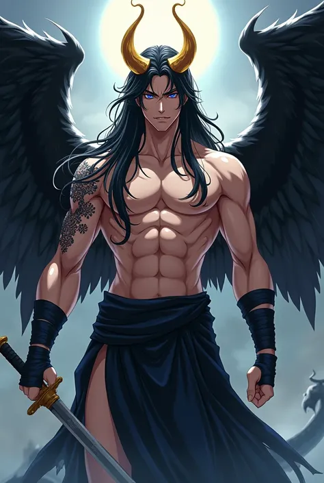  Beautiful anime-style demon man.  Black hair with a gold crown .  She has black wings on her back . Shirtless. He has black bandages on his hands .  a sword in the hand 