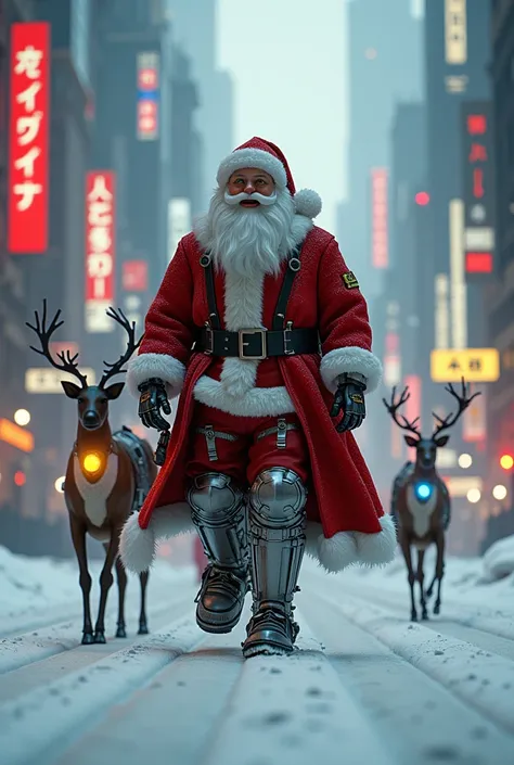 Santa Claus in cybernetic robot, with some deers and snow sledge, in cyberpunk town