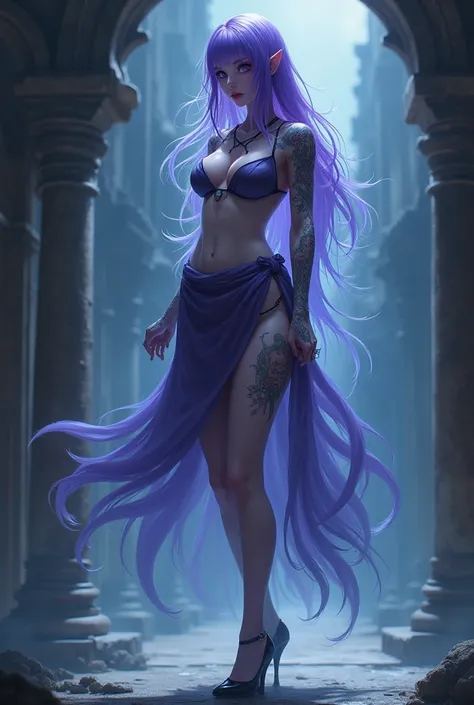 Shes a Ghost , very old, from distant lands .  Her hair is long and radiant violet,  His eyes are deep ,  bearing the marks of ghost life , Shes stunningly beautiful,  and has long legs . She is thin,  but not much , attractive enough to be attractive , Sh...