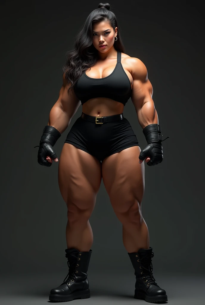 Angry, asian, fbb, black attire, thick body, flexing biceps, busty, wide hips, big thighs, small waist, buff, gloves, boots