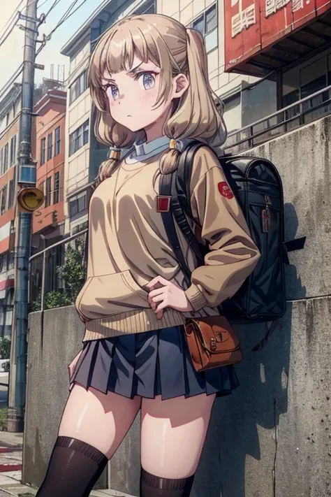 Prompt: Prompt: {(masterpiece), best quality, expressive eyes, perfect face, detailed guns, angry look, 1girl, (Chinese teen),backpack , (()), low ready, schoolgirl, school uniform, long brown hair, brown sweater, knee high socks, empty eyes, blood on face...