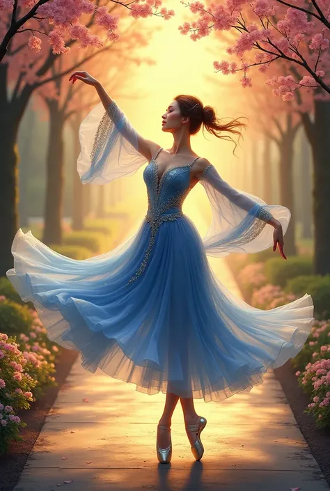 imagine prompt: Middle aged adult woman doing ballet, dressed in traditional dance costume in blue and silver tones, dancing in a garden illuminated by the sunrise, flowering trees around, magical and energetic atmosphere, digital painting with details vib...