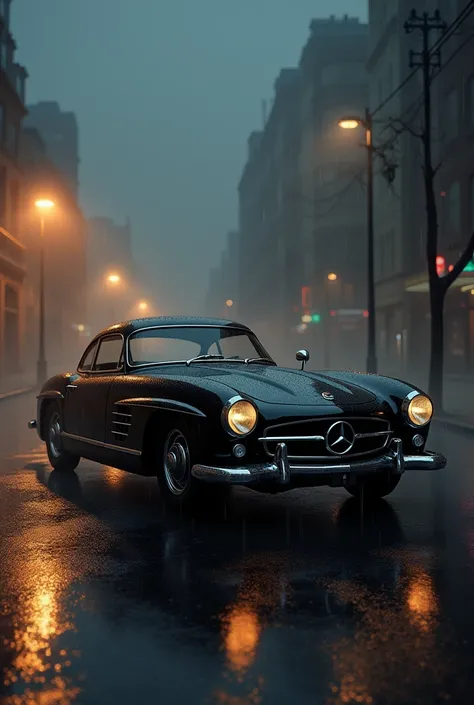 A vintage car in smoky and rainy climate 