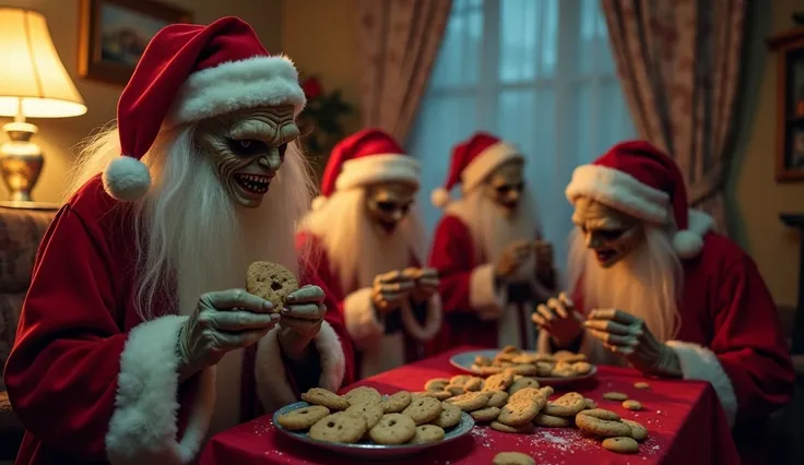  several scary-looking goblins dressed as Santa Claus , eating cookies in the middle of several open presents in the living room of an 80s style house.  the atmosphere of the scene is one of terror and mystery . realism . great quality of detail . 