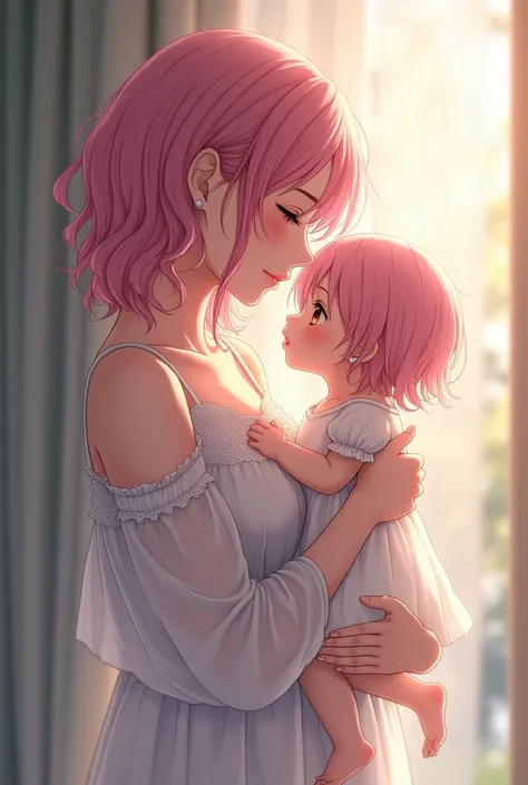 /Imagine female anime A beautiful adult adult with pink hair and with a    , The adult with the  in her arms who is also one. Wallpaper with clothes 