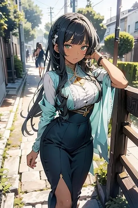 {{{solo}}}, (((greek clothes)))), (((dark skinned))), black long_hair, (((blunt bangs))), (((dark green eyes))), (((solo))), (((1_beautiful_girl))), beautiful_face, good_anatomy, best_quality, beautiful, Tione Hiryute(danmachi), large breasts, (masterpiece...