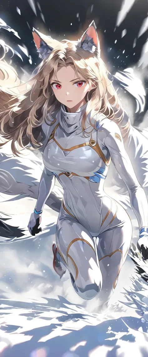 Wolf Girl, f wolf ears ,big wolf tail,running at full speed,Snowfield,Snowstorm, red eyes, No Emotion,looking at viewer, body suit, stiletto boots, emale, young adult, full body shot, dynamic angle, black background, break , masterpiece, accurate, anatomic...