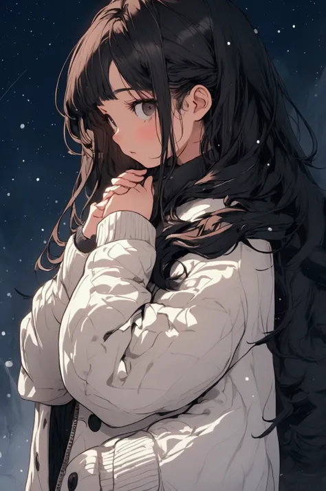 (masterpiece,  top quality ) , dark black waves, long hair ,  dark black eyes , A girl wearing a light brown long coat over a white sweater is looking at the sky with her hands together. , small snow, light nighttime , shining eyes,  side view 