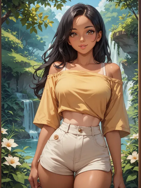 ((masterpiece)), ((anime style)), ((waist up)), {(attractive figure), (eccentuated curves), (medium breasts), (tan skin), (freckles), (long straight hair), (black hair), (brown eyes), (lush lips), (cute smile)}, {(yellow off-shoulder shirt), (white short s...