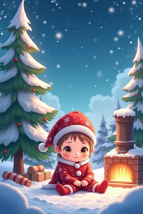  snow sky, baby wearing a seated christmas set, anime, fire stove ,  pine tree ,  outdoor 