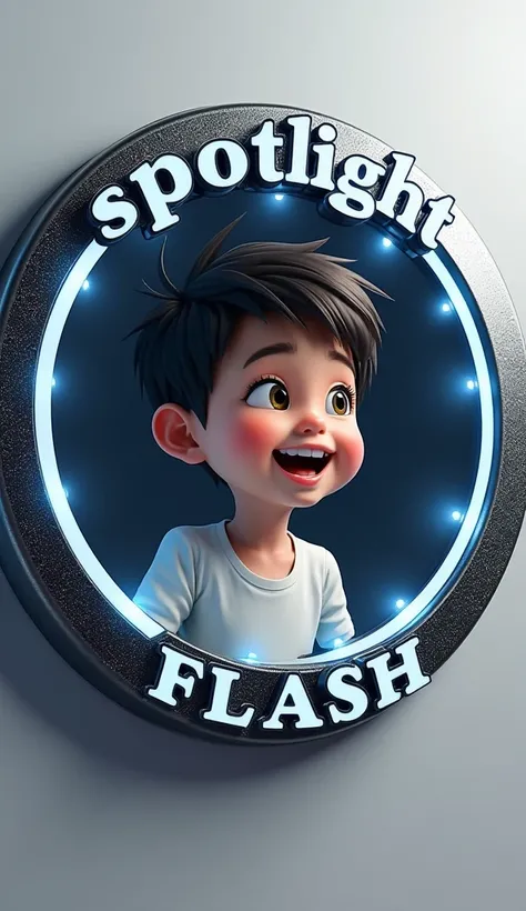 Buat desain logo 3D futuristic dengan elemen berikut:

Logo name: "spotlight FLASH."

Main Shape: Circle with silver embossed effect, memiliki kilauan dan refleksi untuk memberikan kesan futuristic dan mewah.

text:

Say "spotlight" following the curved sh...