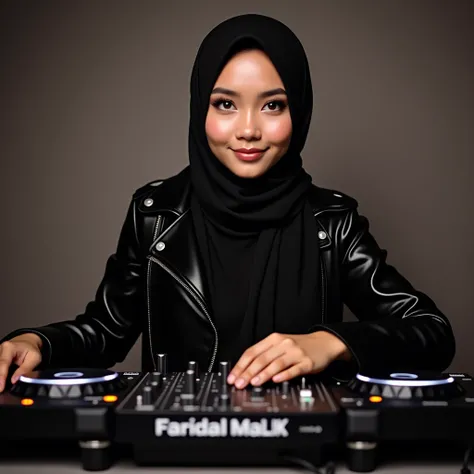 ((best quality)), ((masterpiece)), (detailed), 1girl, woman hijab, indonesia women, handsome girl, at instagram, with accurate face, faridah malik, cute woman, a picture, black rock jacket, playing dj controller
