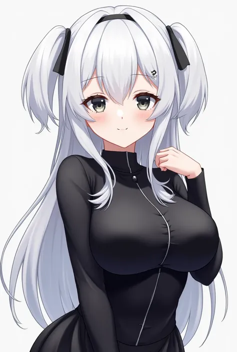  An anime-style character , White hair tied on both sides, big breast , two short Maria s , with small black ribbon on the head , black eyes,  along with visible eyelashes  ,  a black outfit with a small black skirt