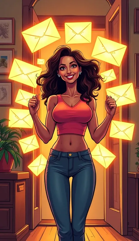 comic book art womanly home surrounded by glowing envelopes labeled "New Subscribers Today"