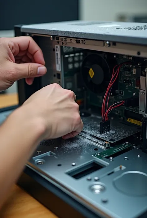 ** Computer Equipment Maintenance ** - ** Visual Example :**  A technician cleaning the inside of a desktop or laptop computer,  removing dust from fans and internal components . - **Related Tasks :**  - Dust Cleaning .  - Software and Antivirus Update .  ...