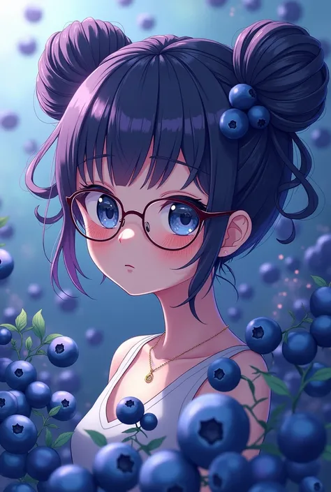 Create an 18 year old female anime character, a double-sided corkscrew hairstyle, put on glasses, mixed with blueberry fruit