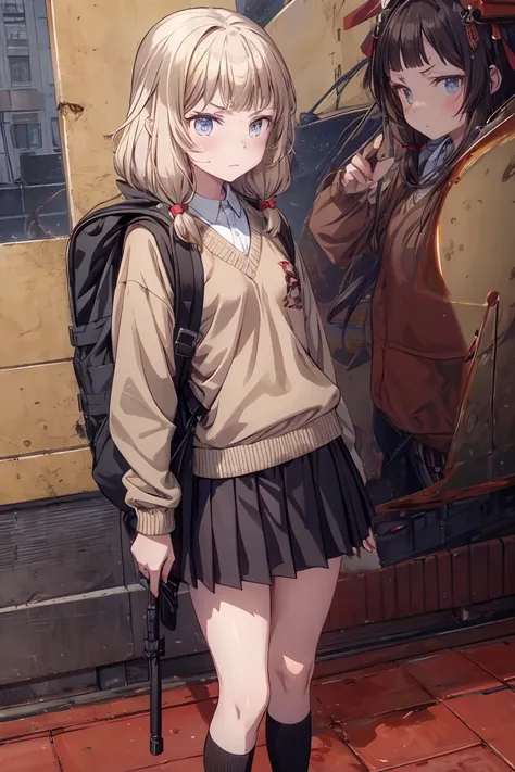 Prompt: Prompt: {(masterpiece), best quality, expressive eyes, perfect face, detailed guns, angry look, 1girl, (Chinese teen),backpack , (()), low ready, schoolgirl, school uniform, long brown hair, brown sweater, knee high socks, empty eyes, blood on face...