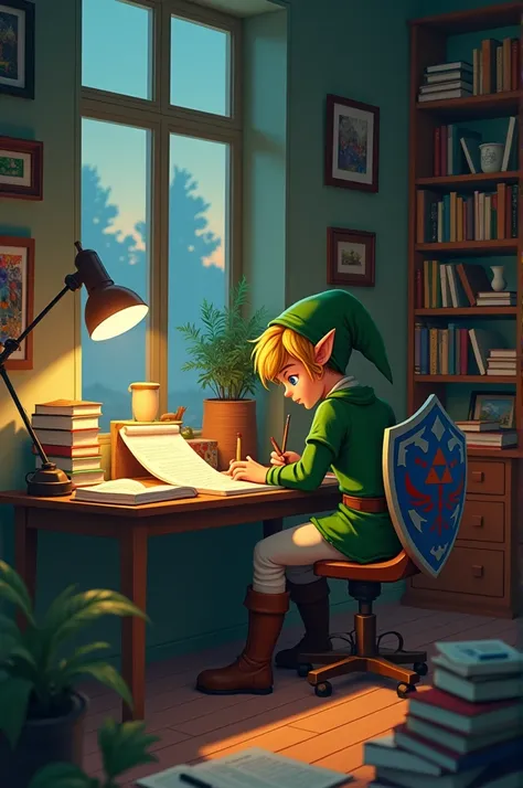 A cozy study scene with a character inspired by Link from The Legend of Zelda: Ocarina of Time, sitting at a desk, wearing headphones and focused on writing or studying. The room has soft, warm lighting, with a window in the background showing a peaceful n...