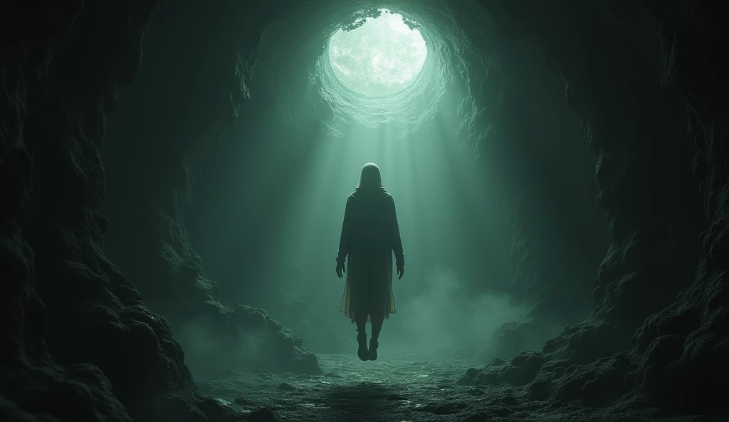 A surreal, highly detailed fantasy scene depicting a soul experiencing a near-death experience. The figure floats in a dark, ethereal space illuminated by dramatic, cinematic lighting, surrounded by glimpses of otherworldly visions like tunnels, light, and...